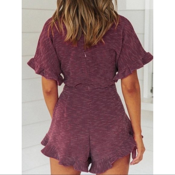 RESTOCKED! Burgundy Self-Tie Ruffle Romper - Picture 3 of 4